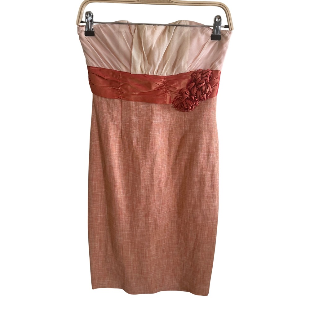 Tracy Reese Peach Linen Blend Strapless Floral Rosette Cocktail Dress Size 2 Y2K